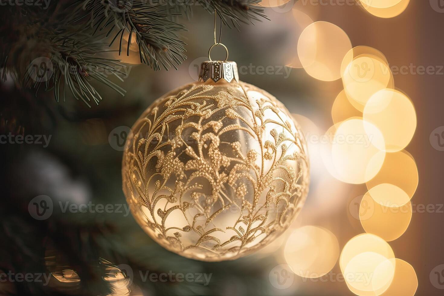 Close up view of beautiful fir branches with shiny gold bauble or ball, xmas ornaments and lights, christmas holidays background. . photo