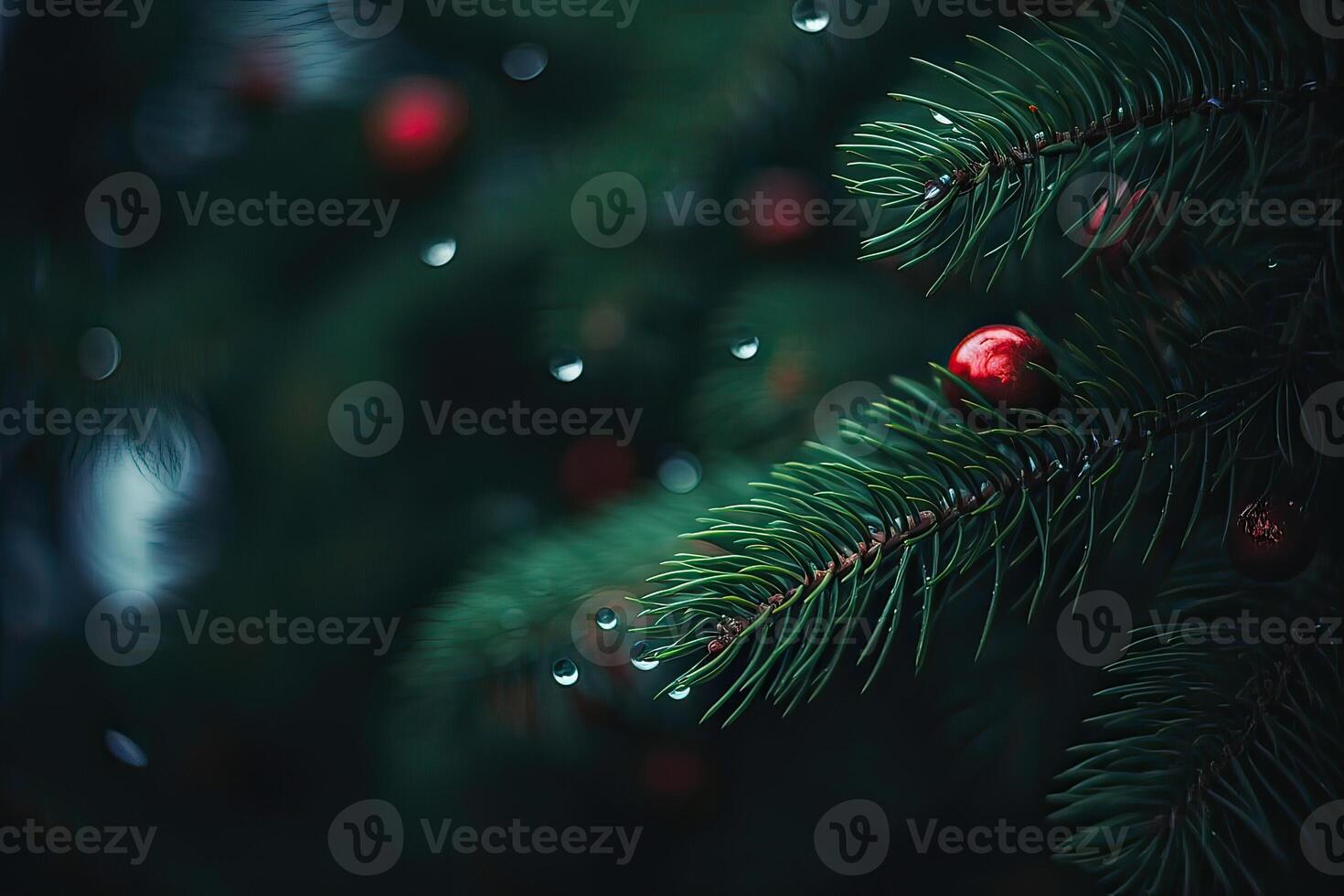Close up view of beautiful fir branches with shiny colorful bauble or ball, xmas ornaments and lights, christmas holidays background. . photo