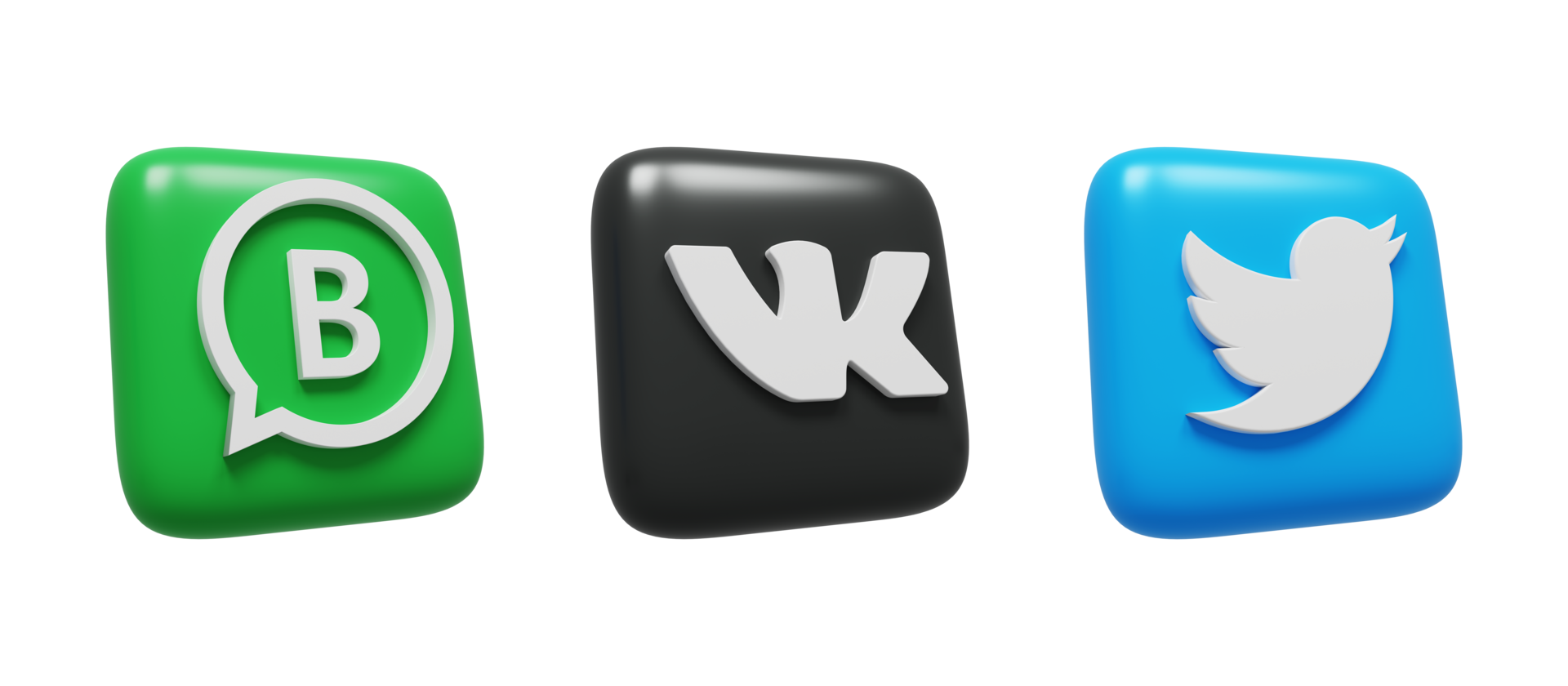 Social media icons logos 3d render. Vk, Twitter, WhatsApp Business png