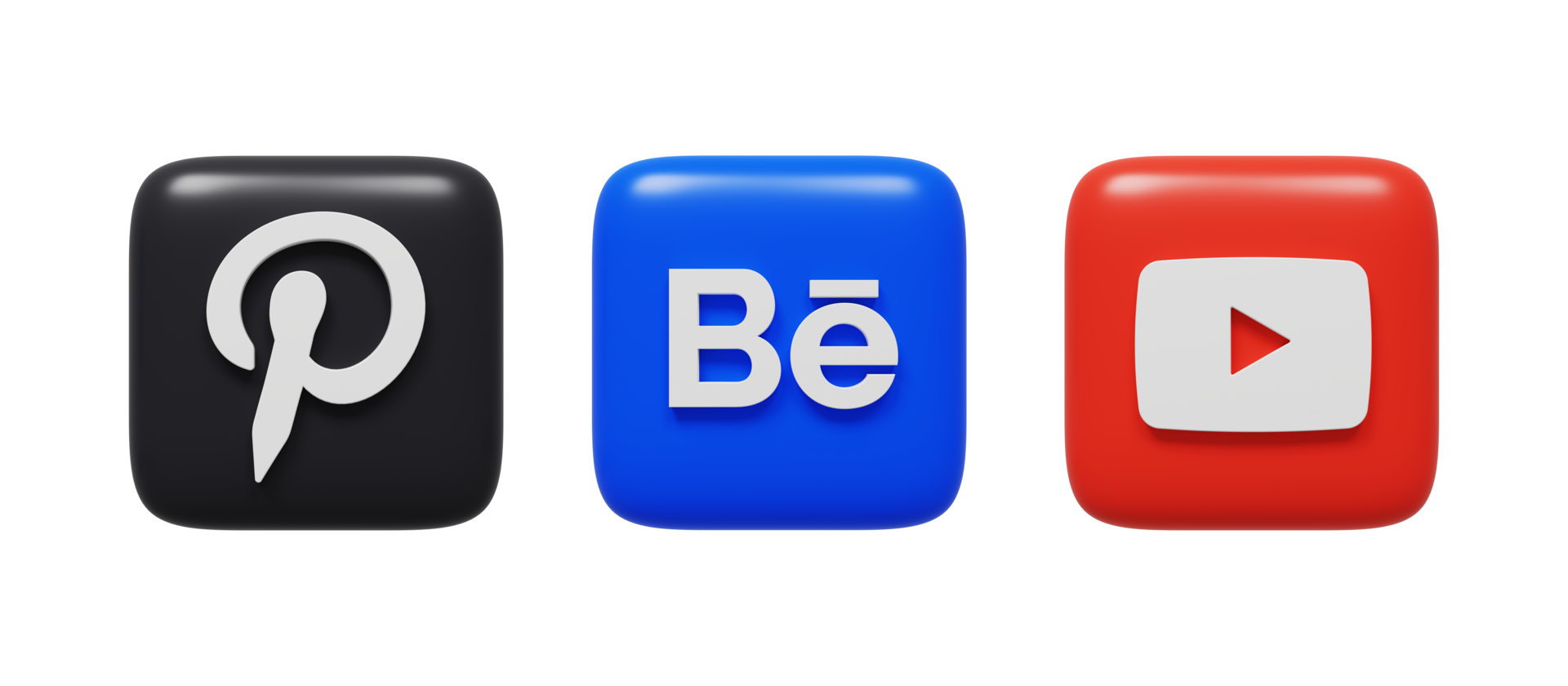Social media icons logos 3d render. Pinterest, Behance, YouTube png