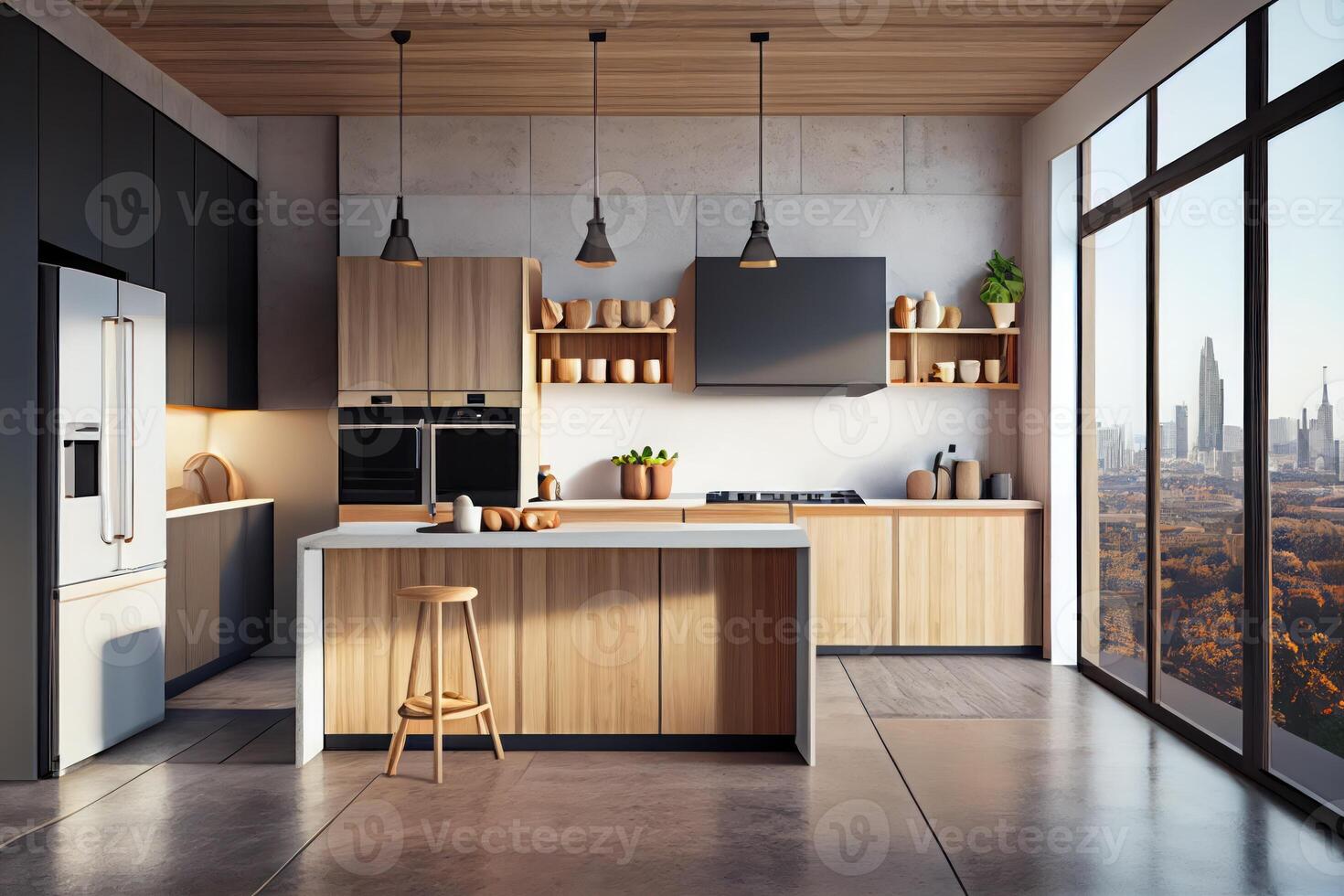 Modern wood and concrete kitchen interior with empty mock up place on wall, island, appliances and window with city view and daylight . photo
