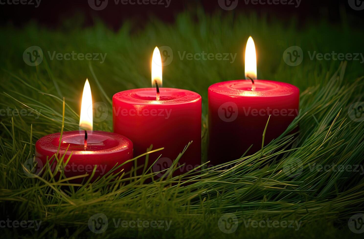 Advent candle, fir tree branches and holiday decorations in snow against light garland background. Christmas card. . photo