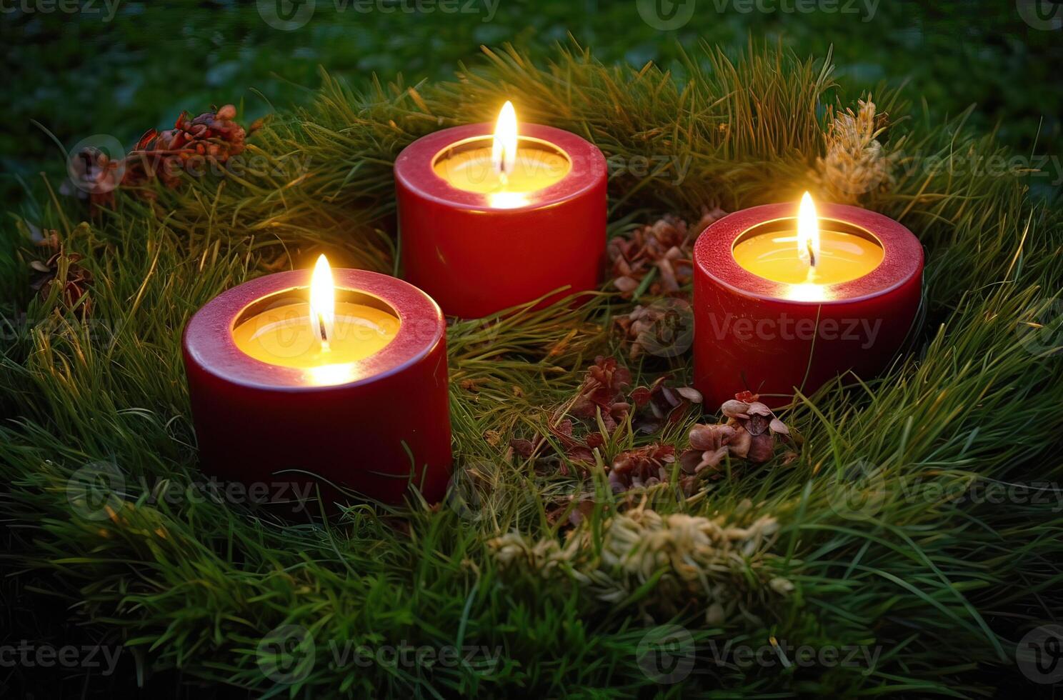 adviento vela, abeto árbol ramas y fiesta decoraciones en nieve en contra ligero guirnalda antecedentes. Navidad tarjeta. generativo ai. foto