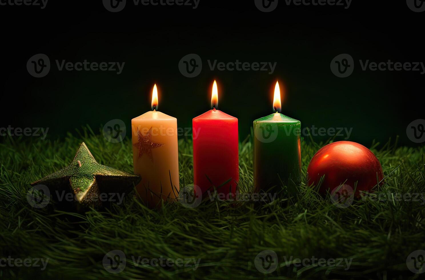 Advent candle, fir tree branches and holiday decorations in snow against light garland background. Christmas card. . photo