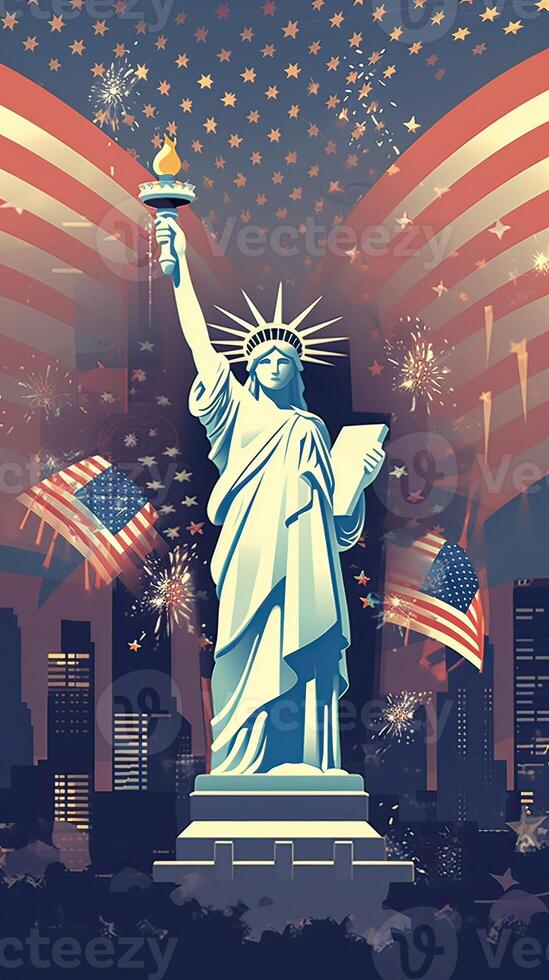 Greeting card with U.S. flag and statue of Liberty. 4th of July. Independence day of United states. . photo