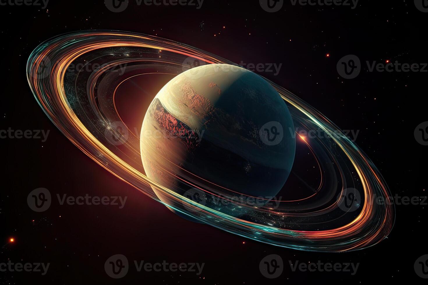 beautiful space horizontal illustration of planet with ring, nebula and star light on dark color sky background. . photo