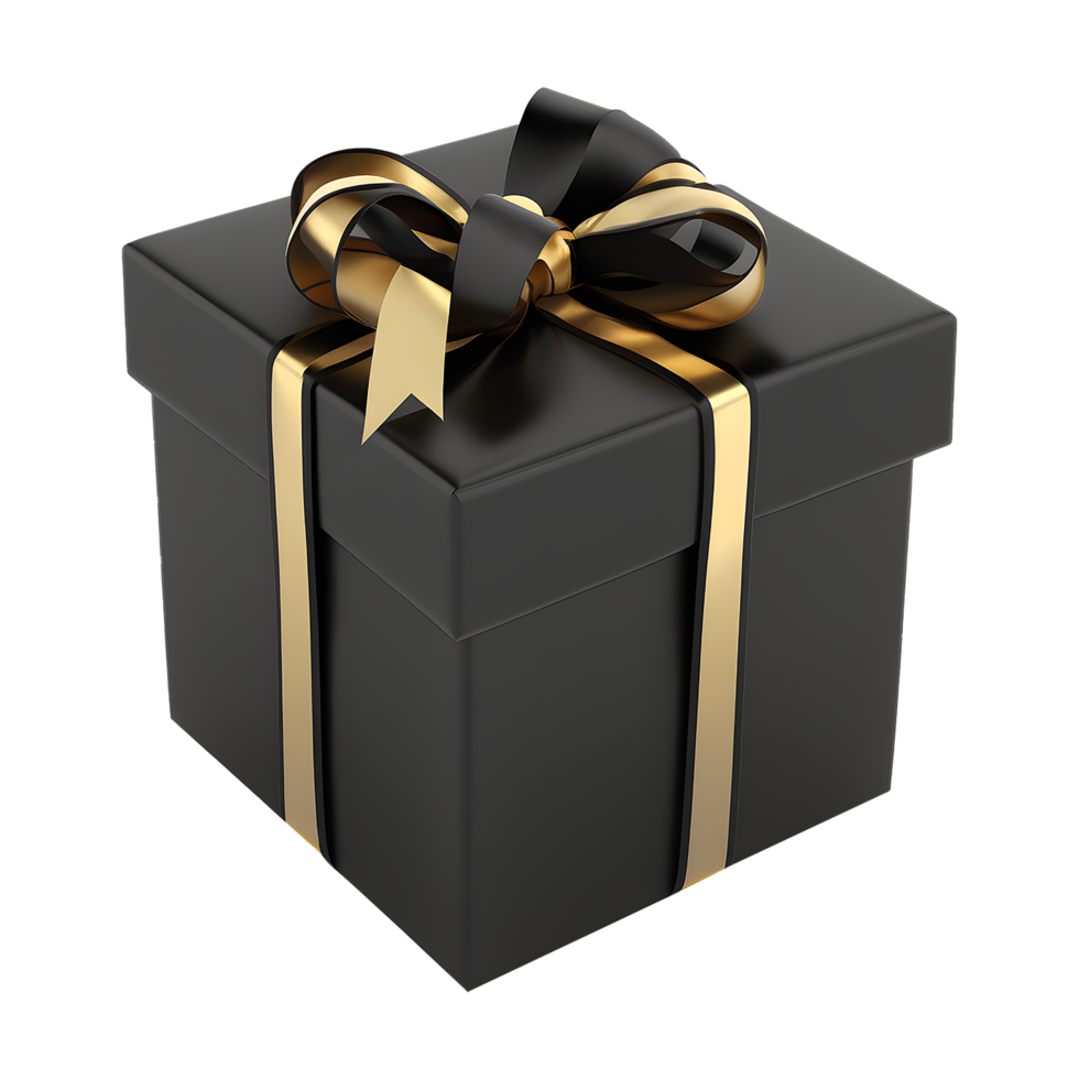 negro regalo caja con oro cinta envoltura. elegante y lujoso. celebracion elementos. para Navidad, cumpleaños, aniversario, nuevo año, venta, etc, generar ai png