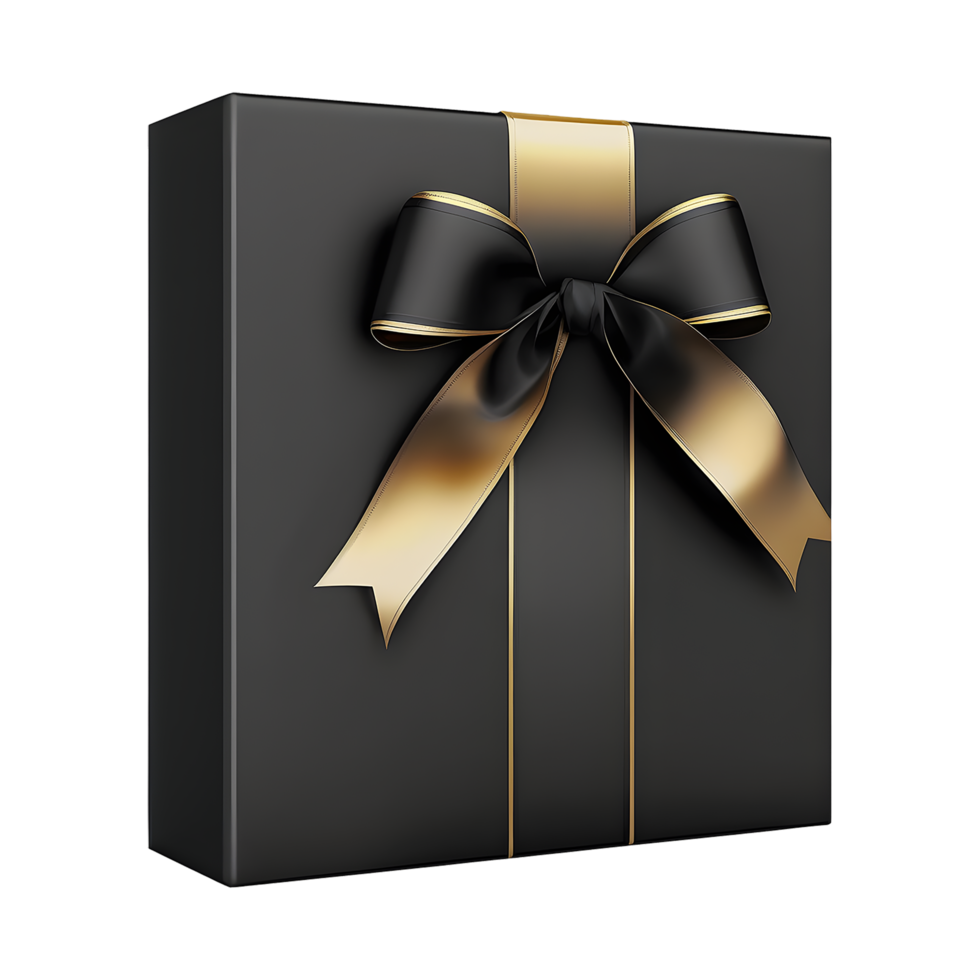 black gift box with gold ribbon wrap. elegant and luxurious. celebration elements. for christmas, birthday, anniversary, new year, sale, etc, generate ai png