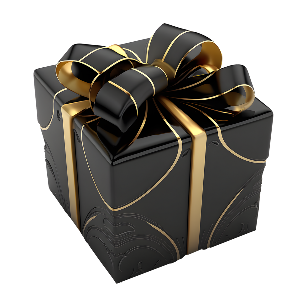 negro regalo caja con oro cinta envoltura. elegante y lujoso. celebracion elementos. para Navidad, cumpleaños, aniversario, nuevo año, venta, etc, generar ai png