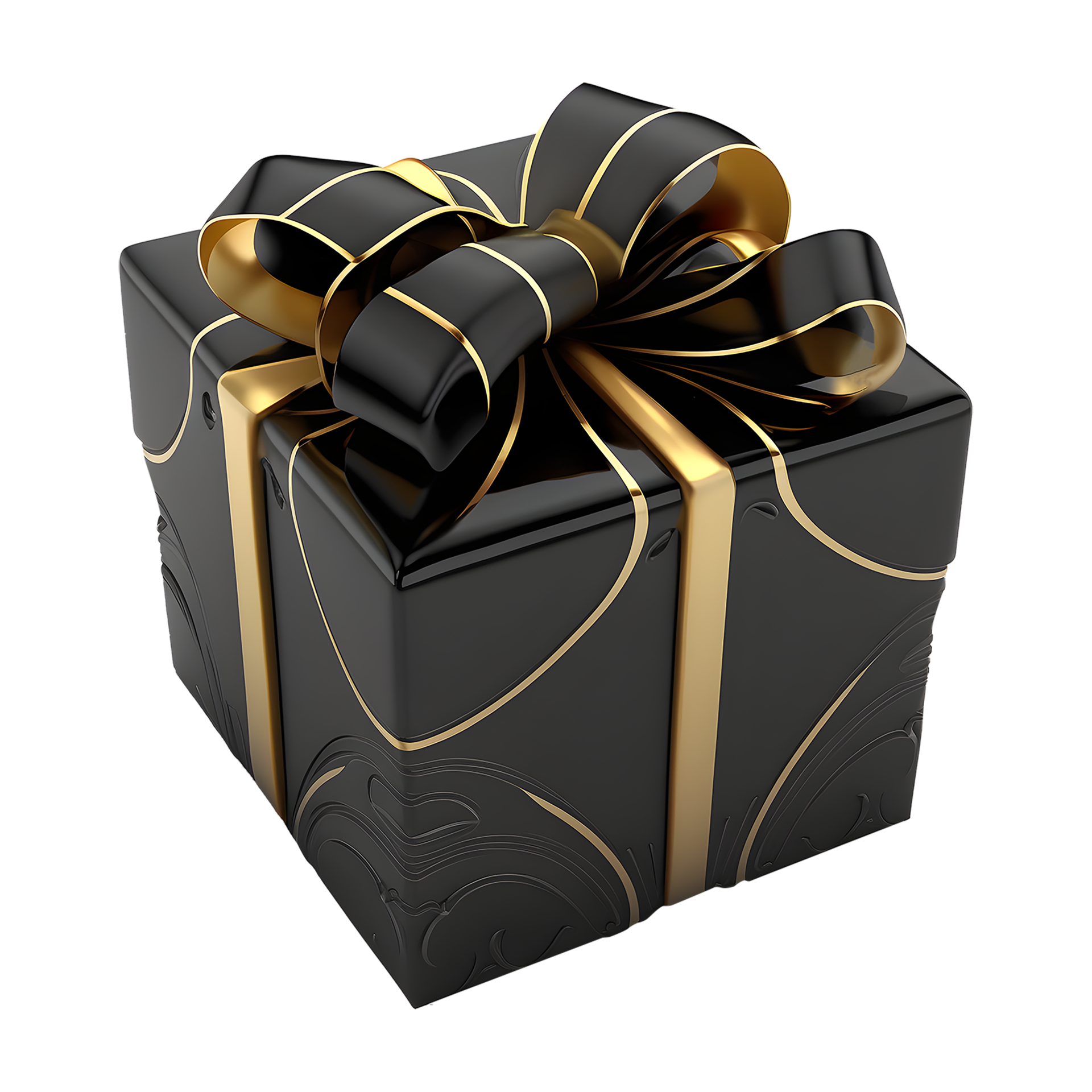 black gift box with gold ribbon wrap. elegant and luxurious