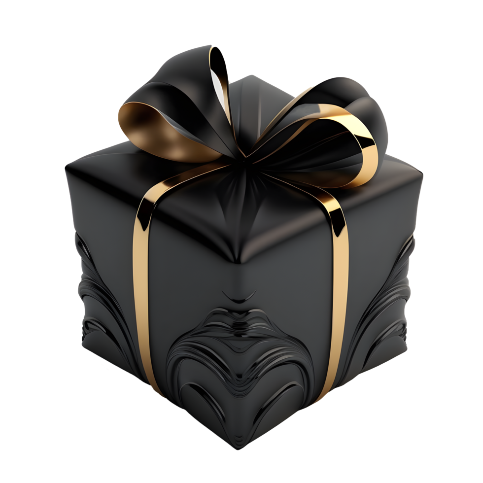 black gift box with gold ribbon wrap. elegant and luxurious. celebration elements. for christmas, birthday, anniversary, new year, sale, etc, generate ai png