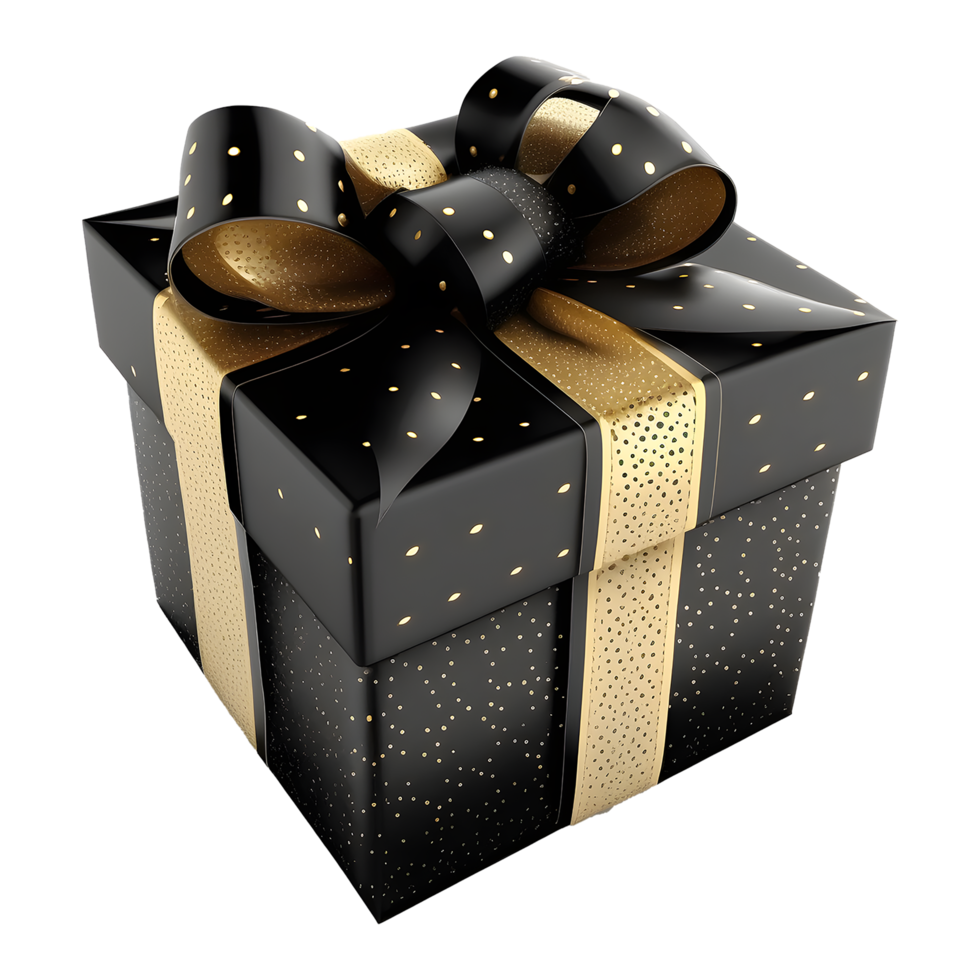 negro regalo caja con oro cinta envoltura. elegante y lujoso. celebracion elementos. para Navidad, cumpleaños, aniversario, nuevo año, venta, etc, generar ai png