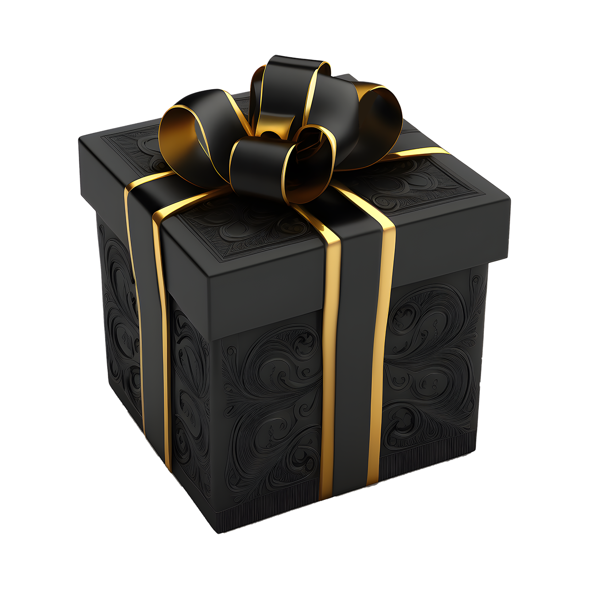 black gift box with gold ribbon wrap. elegant and luxurious