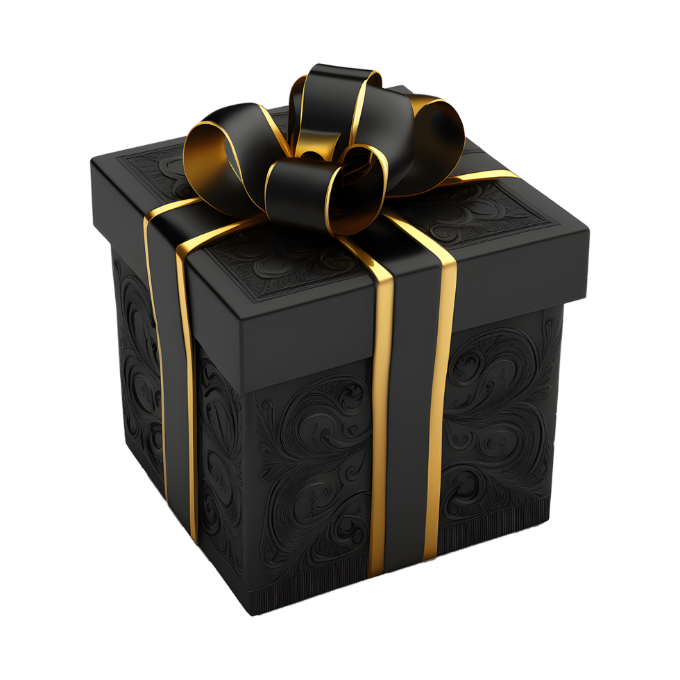 Preto presente caixa com ouro fita enrolar. elegante e luxuoso. celebração elementos. para Natal, aniversário, aniversário, Novo ano, oferta, etc, gerar ai png