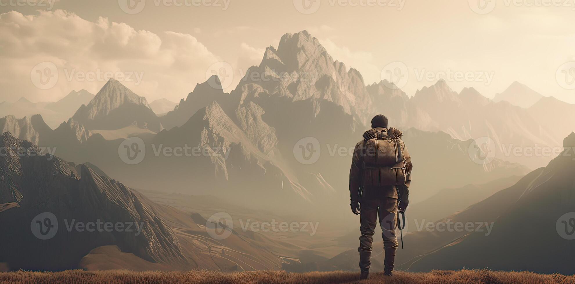 deportivo hombre en el montaña pico mirando en montaña Valle con rayos de sol a vistoso puesta de sol en otoño. paisaje viajero, brumoso sierras, bosque en caer, increíble cielo y luz de sol en caer. generativo ai foto