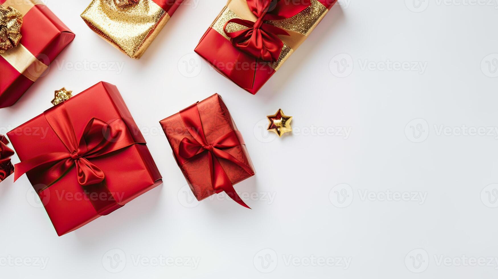 Christmas composition. Gifts, red decorations on white background. Christmas, winter, new year concept. Flat lay, top view, copy space. . photo