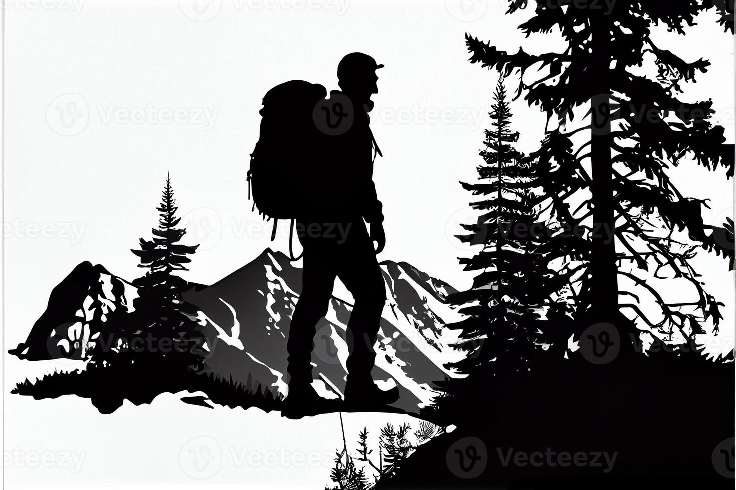 silhouette of a man standing on top of a mountain. . photo