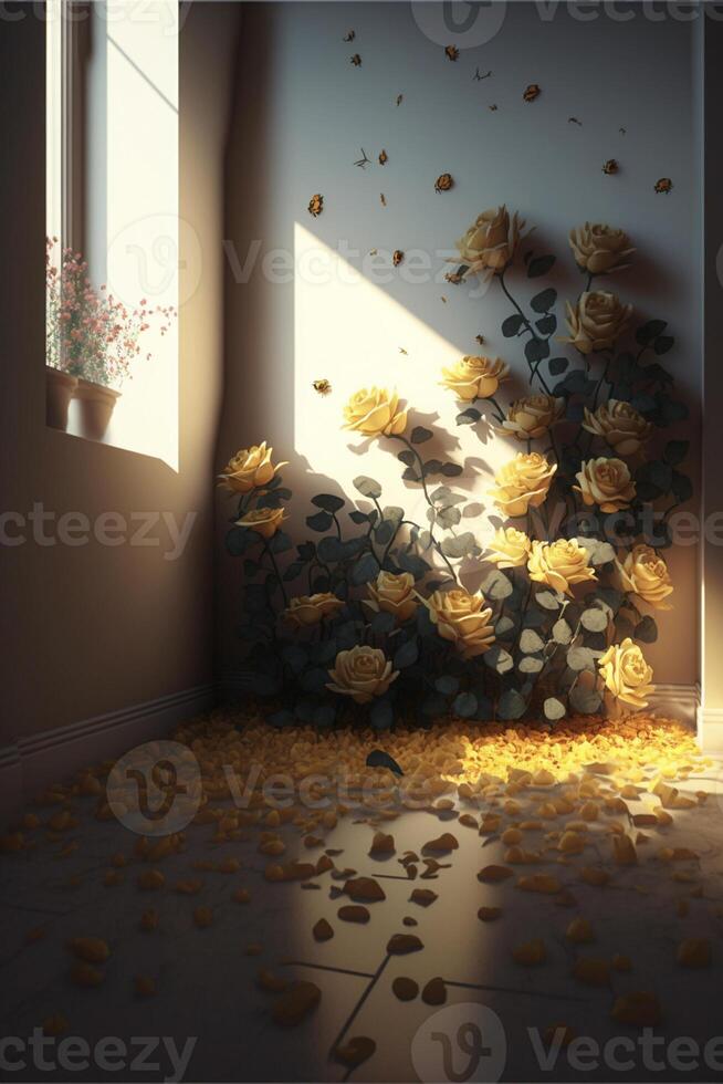 room filled with lots of yellow flowers. . photo