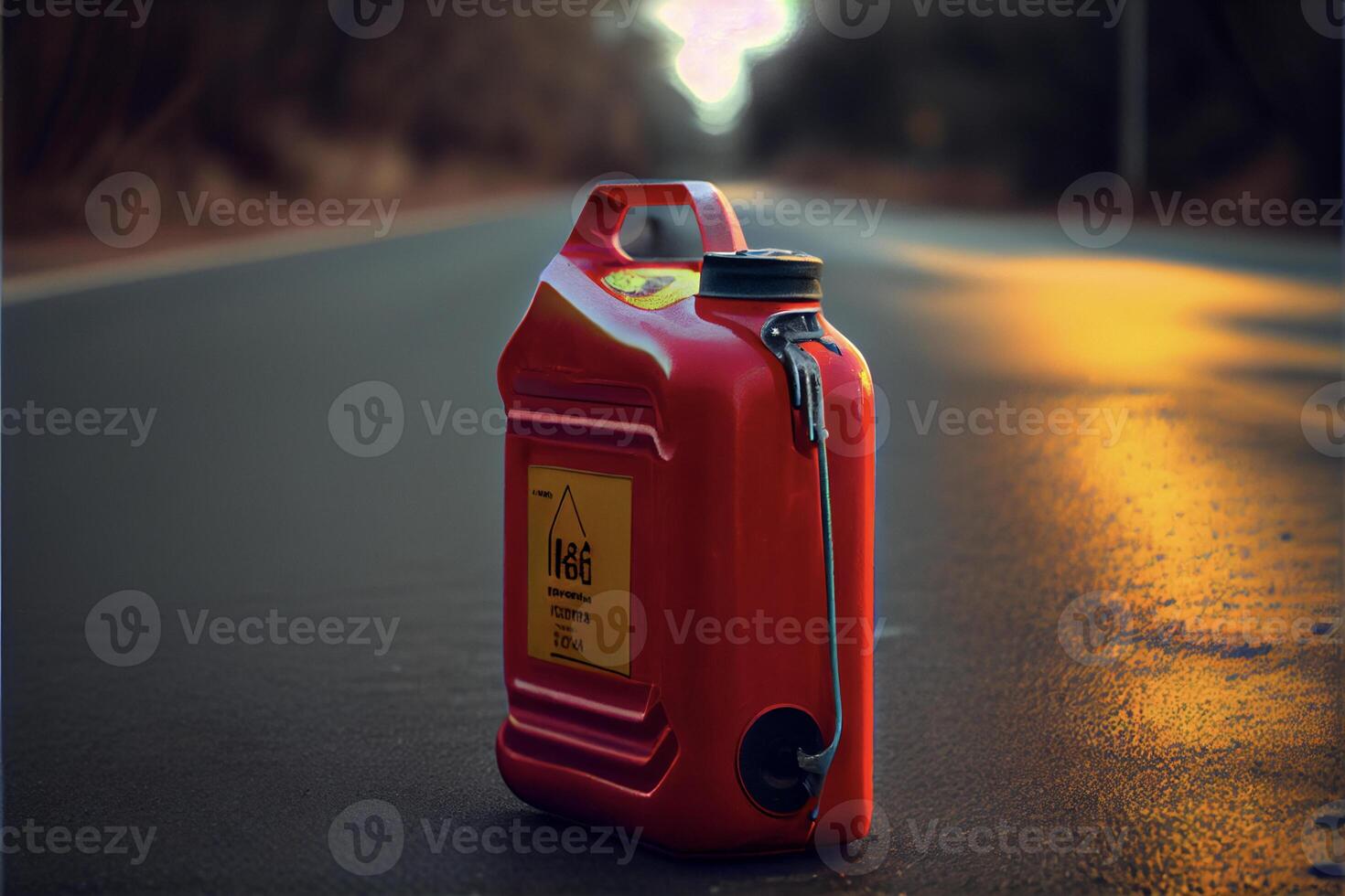 red gas can sitting on the side of a road. . photo