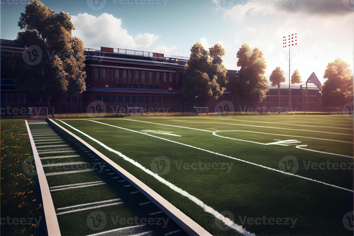 soccer field with a building in the background. . photo