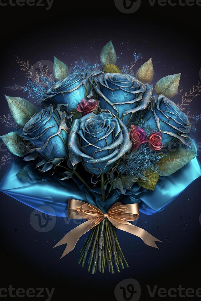 ramo de flores de azul rosas con un oro cinta. generativo ai. foto