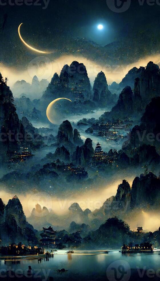 painting of mountains with a moon in the sky. . photo