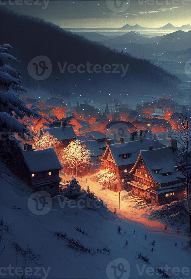 painting of a snowy village at night. . photo