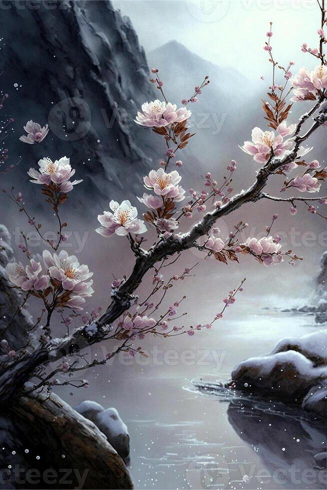 painting of flowers on a branch next to a body of water. . photo