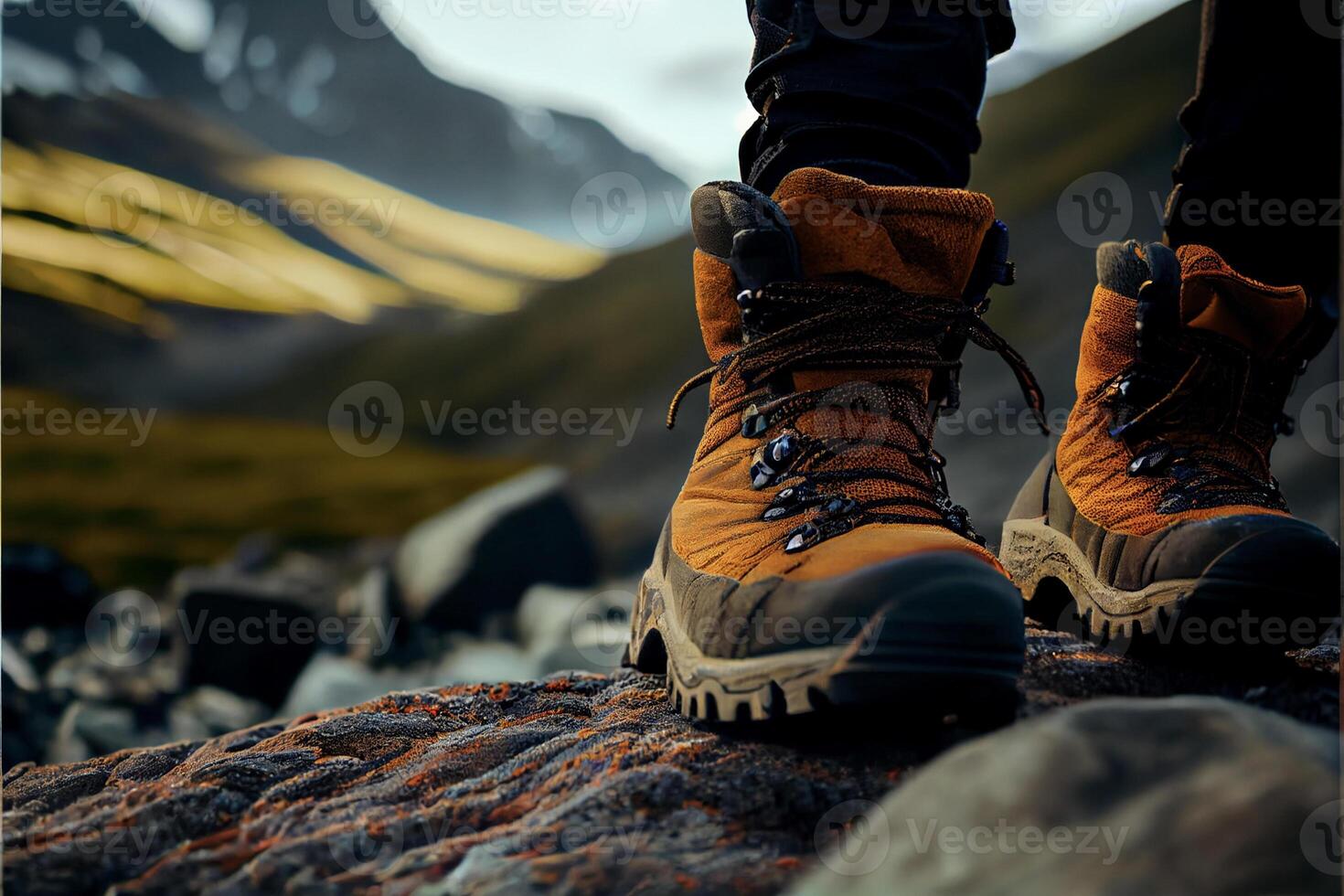 pair of hiking boots standing on a rock. . photo