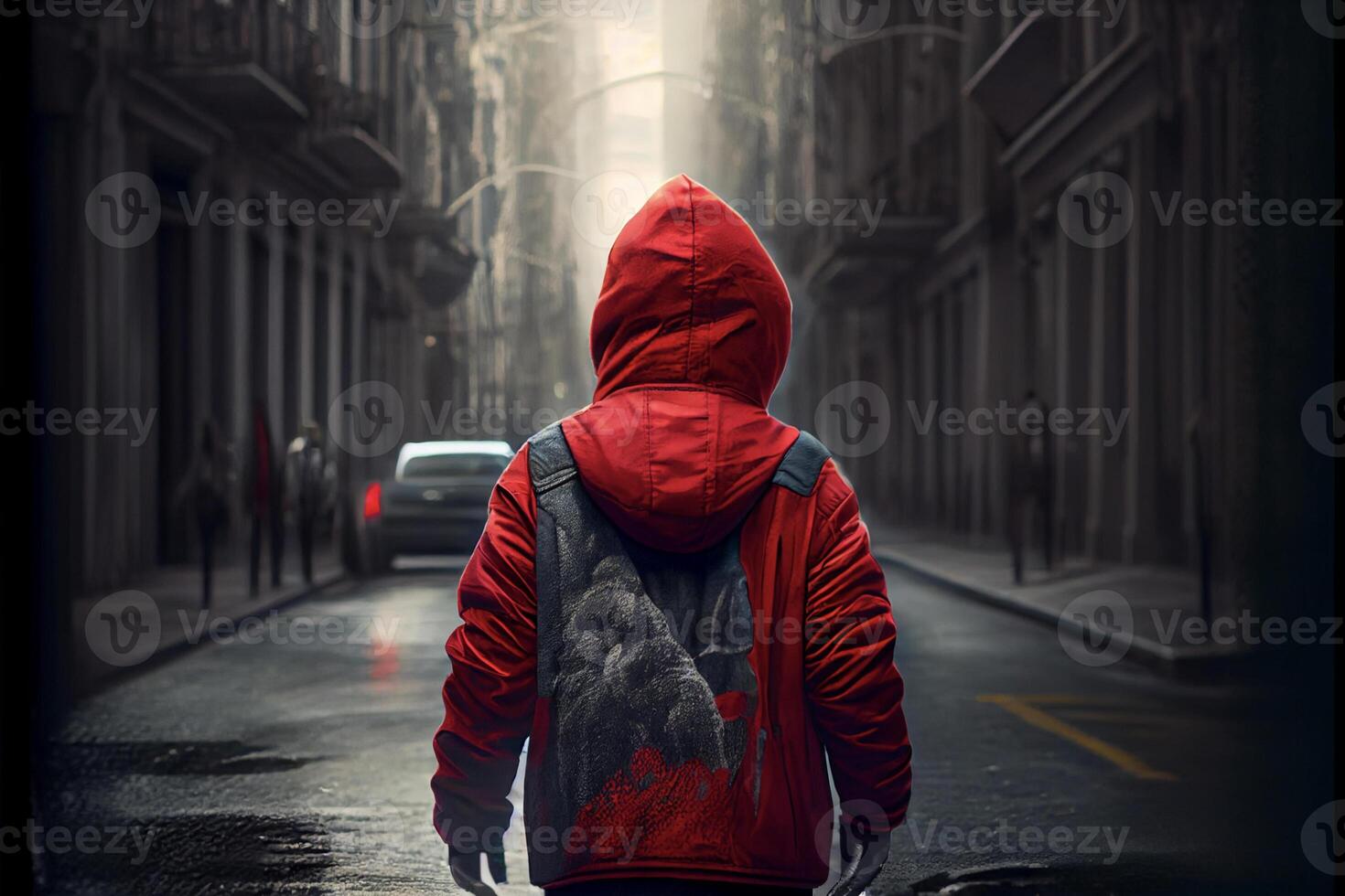 person in a red jacket walking down a street. . photo