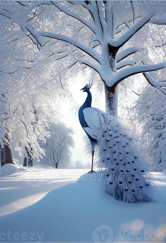 peacock standing on top of a snow covered ground. . photo