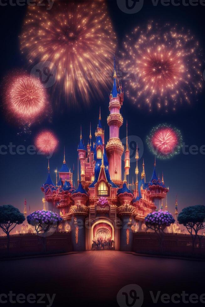 picture of a castle with fireworks in the sky. . photo