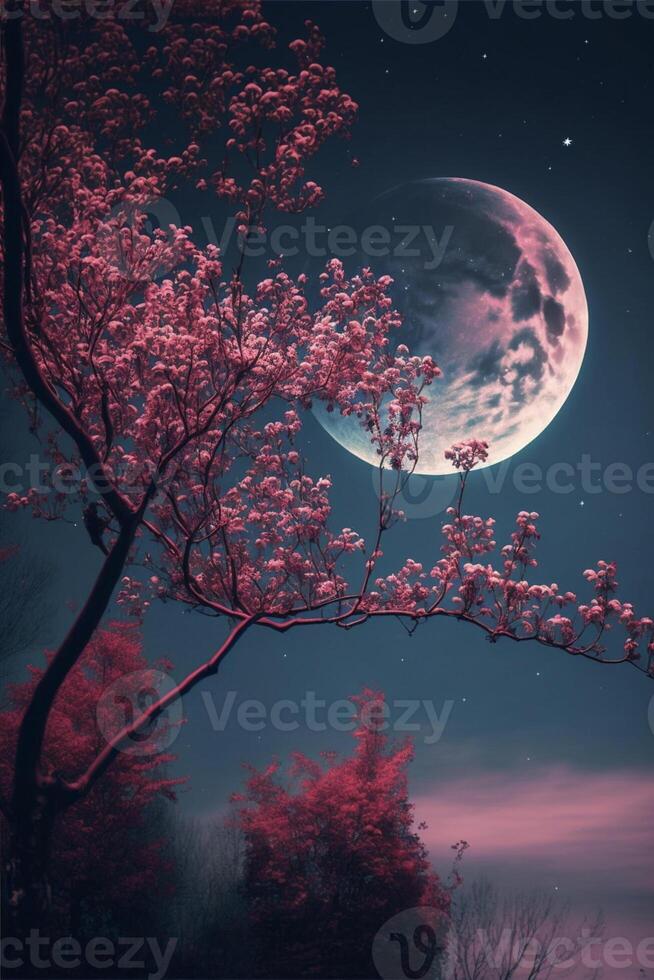 pink tree with a full moon in the background. . photo