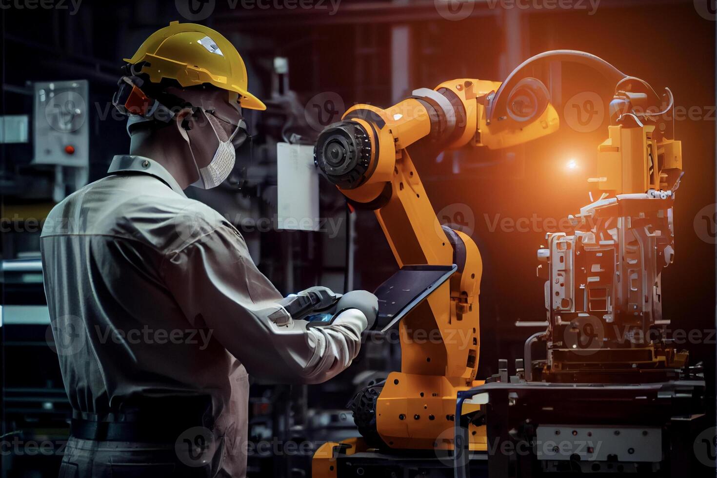 man in a hard hat working on a laptop. . photo