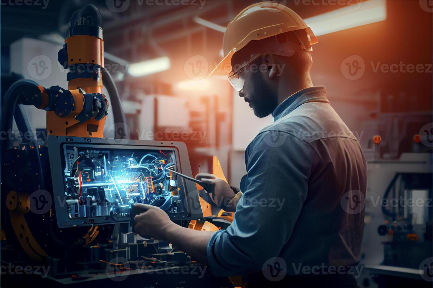 hombre en un difícil sombrero trabajando en un máquina. generativo ai. foto