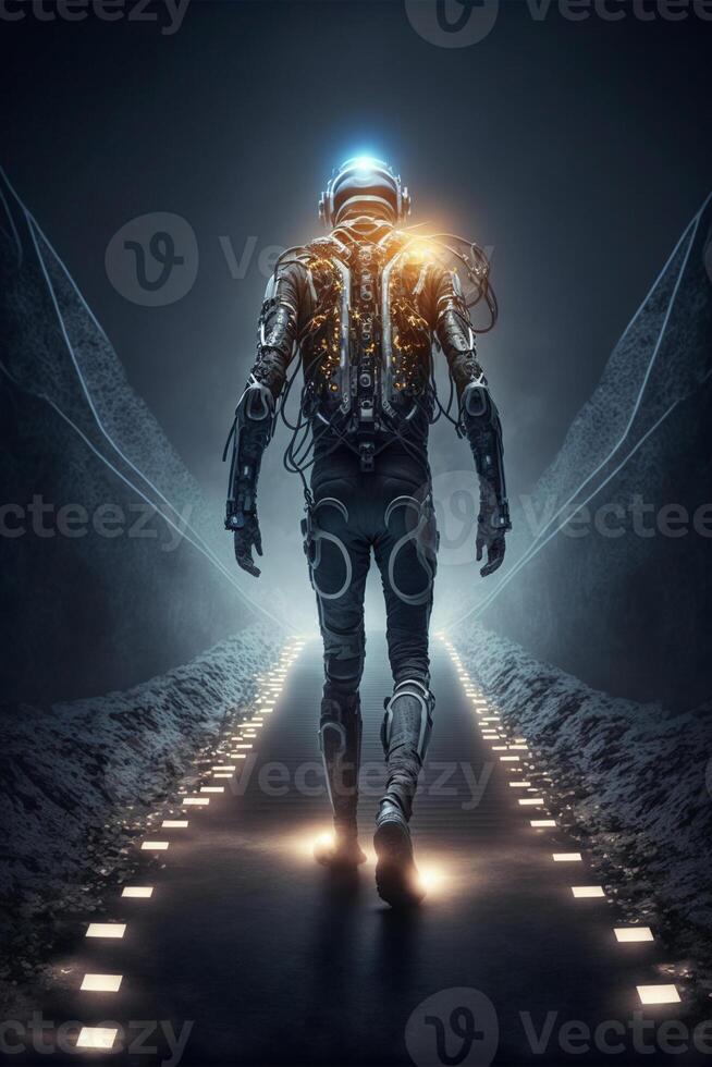 man in a space suit walking down a road. . photo