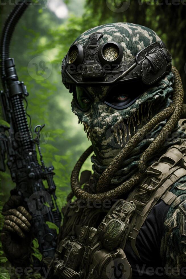 man in camouflage holding a machine gun. . photo