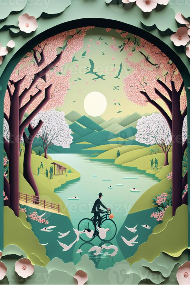 man riding a bike through a lush green forest. . photo