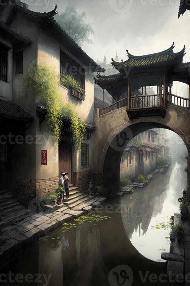 man standing under a bridge next to a body of water. . photo