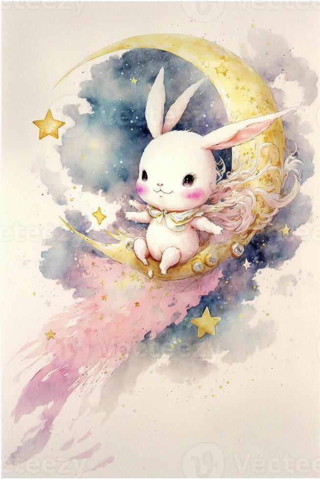 painting of a bunny sitting on a crescent. . photo