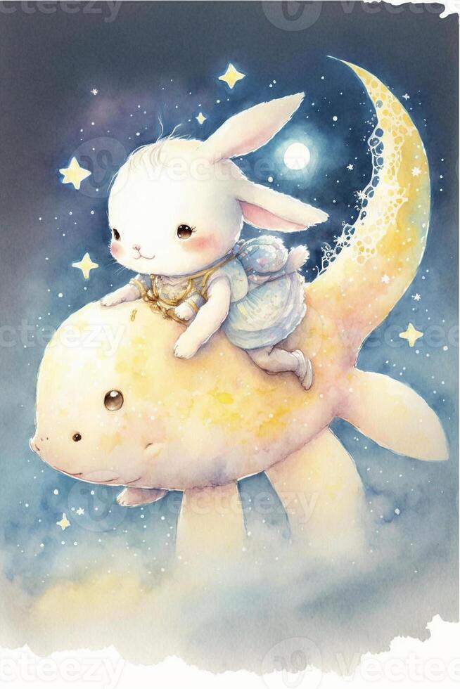 painting of a bunny sitting on the moon. . photo