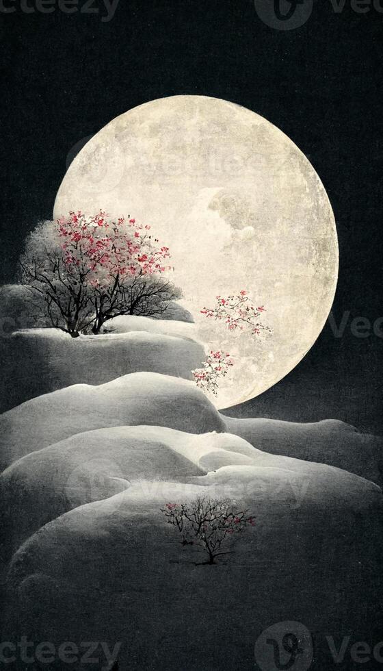 painting of a full moon with a tree in the foreground. . photo