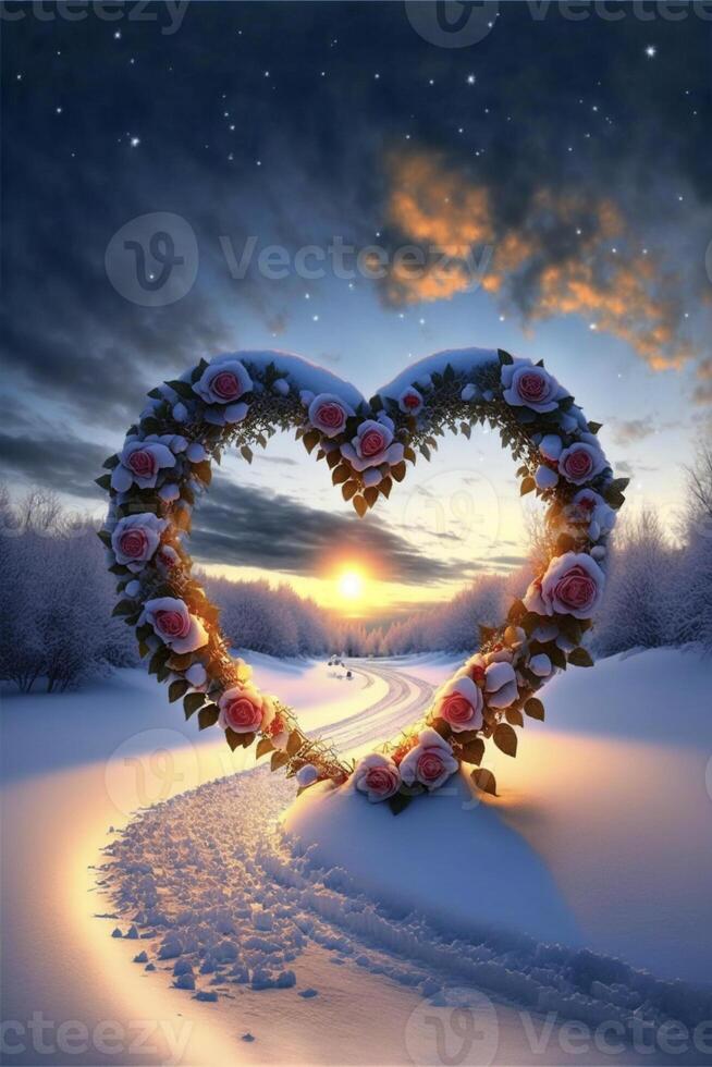 heart shaped wreath made of roses in the snow. . photo