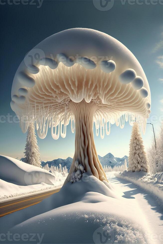 large mushroom like structure in the middle of a snowy landscape. . photo