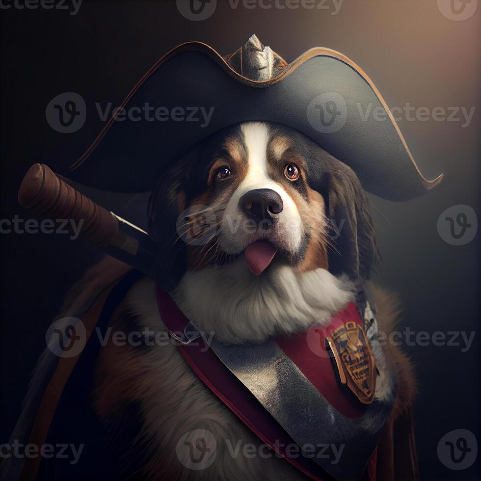 dog wearing a pirate hat and holding a baseball bat. . photo