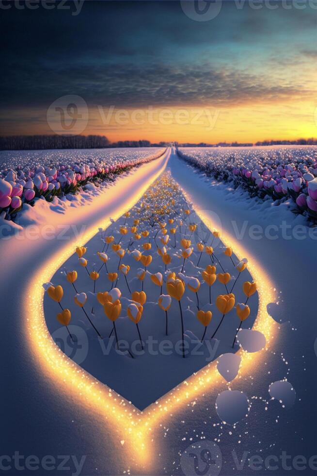 field of flowers in the middle of a snow covered field. . photo