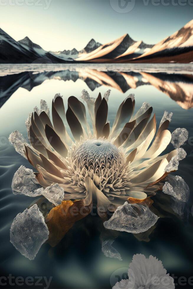 flower floating on top of a body of water. . photo