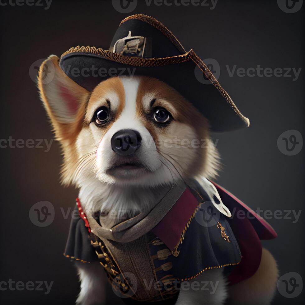 corgi dog wearing a pirate costume. . photo