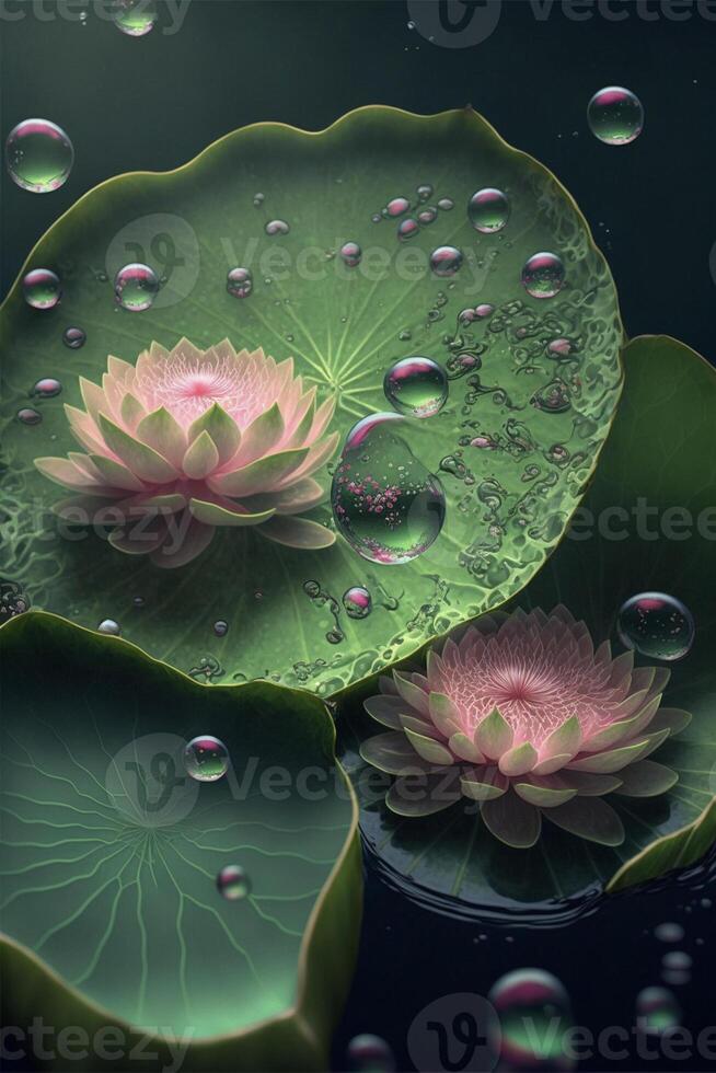 couple of pink flowers sitting on top of a green leaf. . photo