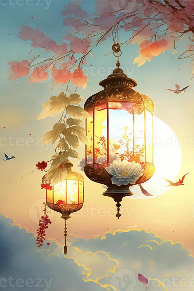 couple of lanterns hanging from a tree. . 22888539 Stock Photo at Vecteezy